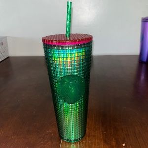 Starbucks, green and melon colored cup